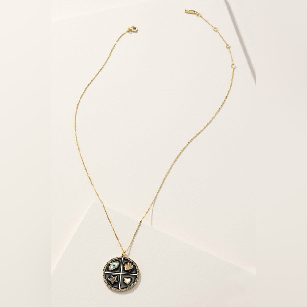 Stella & Dot Necklace Mindful medallion black enamel gold with Gold chain NWT
